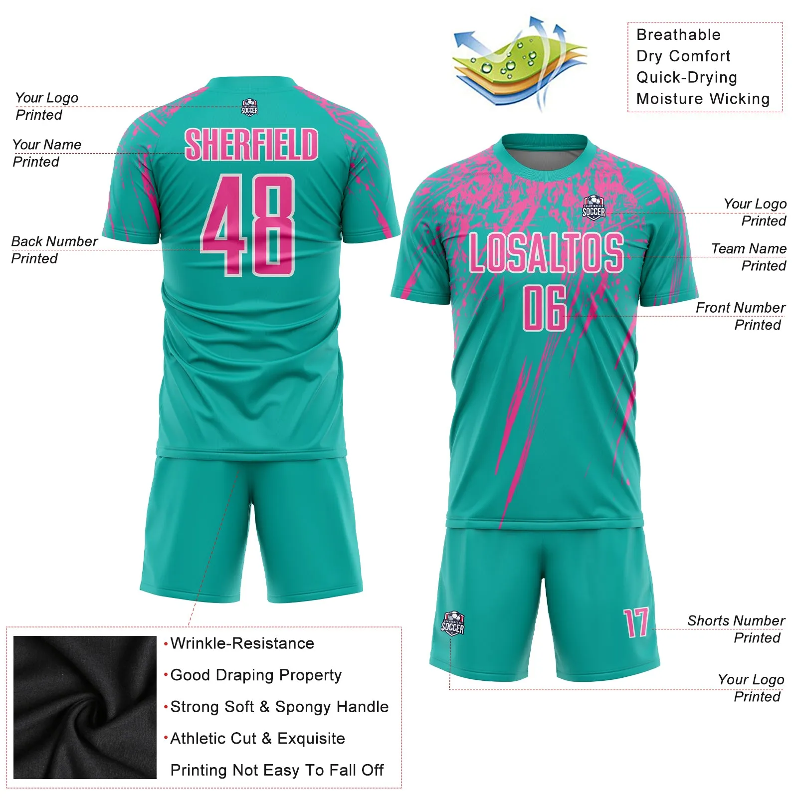 Custom Aqua Pink-White Sublimation Soccer Uniform Jersey