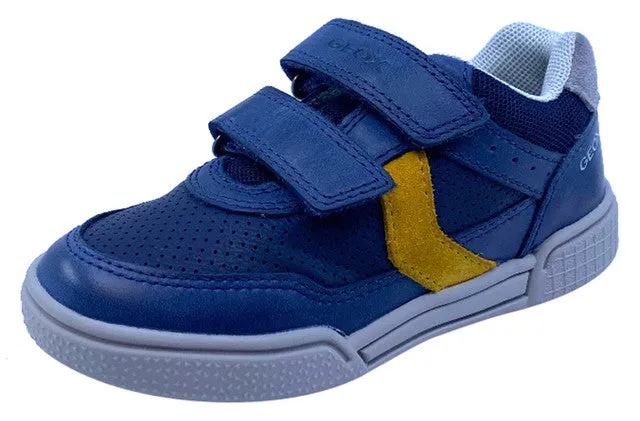 Geox Respira Boy's J Poseido Double Hook and Loop Sneaker, Navy/Dark Yellow